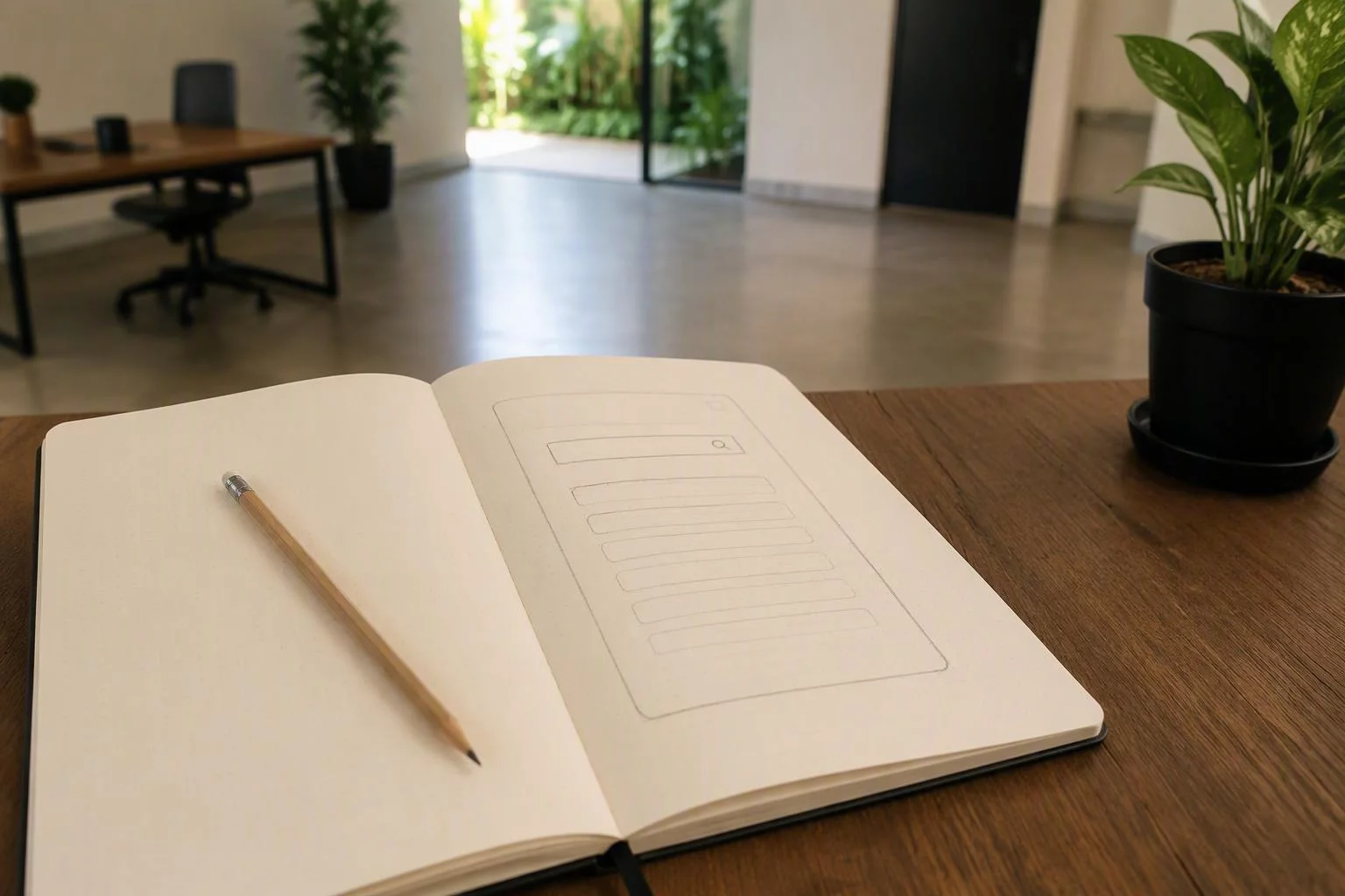 Caderno aberto com o rascunho da tela de busca do atendimento